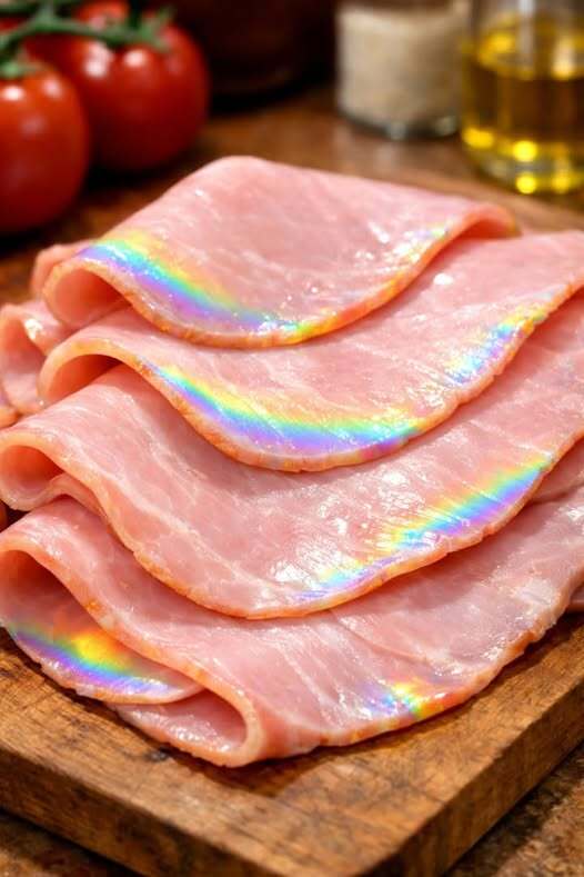 THE RAINBOW SHIMMER ON DELI HAM THAT LOOKS BEAUTIFUL BUT CAN SIGNAL SPOILAGE BACTERIAL GROWTH STORAGE MISTAKES OR NATURAL LIGHT REFRACTION AND HOW TO USE SIGHT SMELL TOUCH AND TIME TO DECIDE WHETHER YOUR MEAT IS SAFE OR A DANGEROUS BITE AWAY