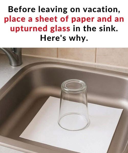 Here’s why you should always leave an upturned glass and a piece of paper in the sink before going on vacation